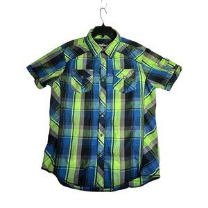 Rebel & Soul Metal Button Up Plaid Shirt Short Sleeve Cotton Boys XL